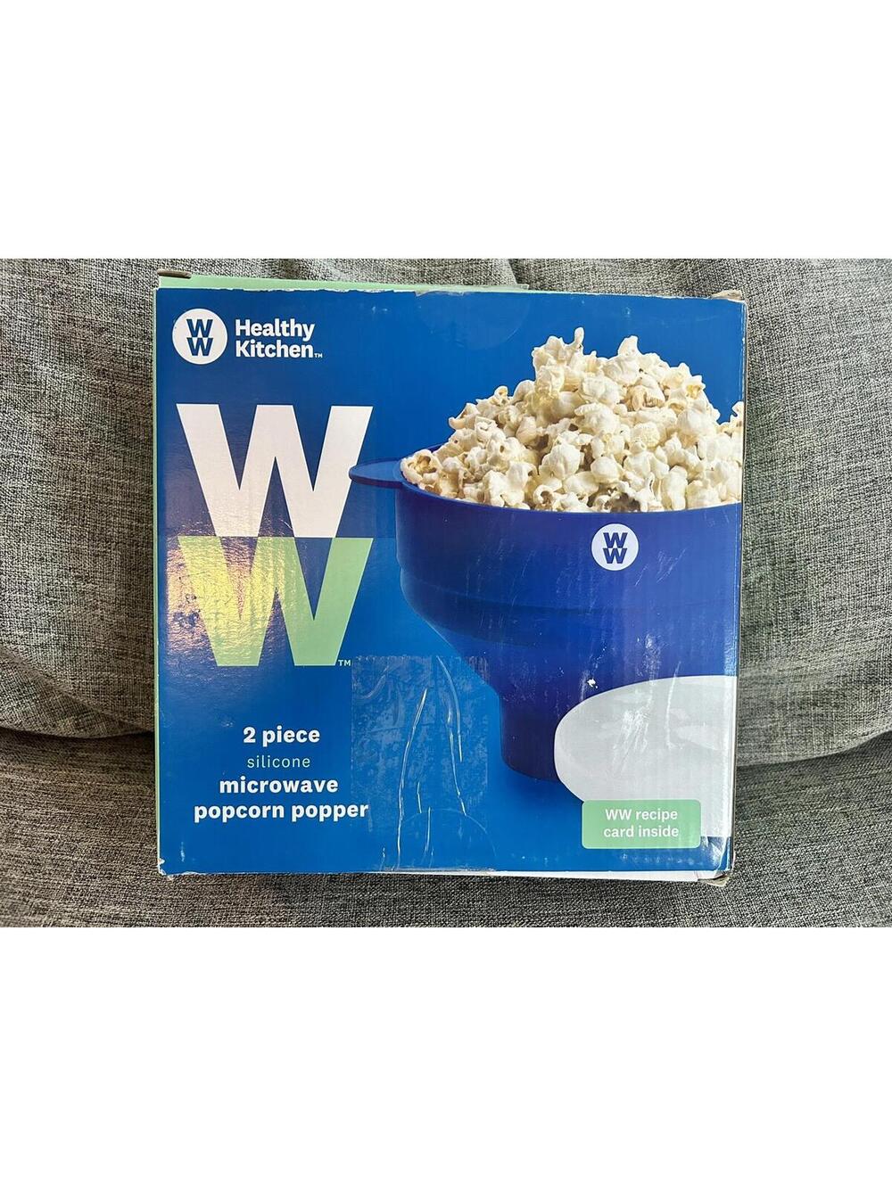 Weight Watchers Microwave Silicone Popcorn Maker Collapsible Bowl Lid Box Blue